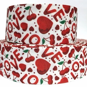 GROSGRAIN RIBBON 5/8", 7/8",1.5", 3" Hearts Cherries Valentine's VC Printed - Picture 1 of 1