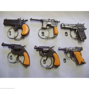 6 Design To Choose Die Cast Novelty Miniature Solid Metal Gun Keyrings Cap Gun 