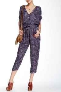 Free People Universal Surplice Jumpsuit Jumper Purple Paisley Boho Open Sz XS - Picture 1 of 3