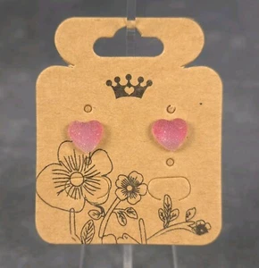 Pink Sugar Heart Stud Earrings Stainless Steel Post - Butterfly & Silicone Backs - Picture 1 of 3