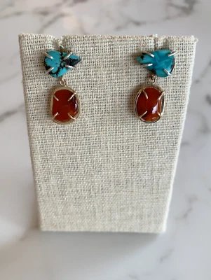 Melissa Joy Manning 14k Gold/Silver Turquoise & Carnelian Two Drop Earrings, New - Image 1 of 3