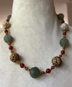 Gorgeous Chinese Carved Gemstone Shou Bead Necklace, Carnelian, Jade... 20" Long - Picture 1 of 11