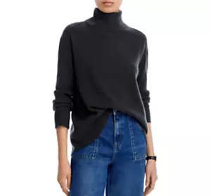 AQUA Cashmere Turtleneck Ribbed Panel Cashmere Sweater Women's XS Army Pullover~ - Picture 1 of 13