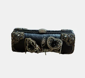 Vintage Mary Frances Beaded Rhinestones Leather Clutch Evening Bag No Chain - Picture 1 of 18
