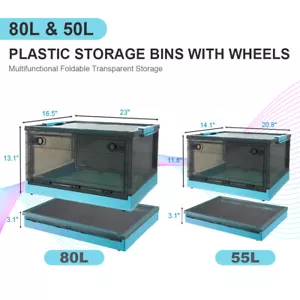 55L/110L Collapsible Storage Bin Clear Plastic Box Container w/Lid Wheel 2 Door - Picture 1 of 15