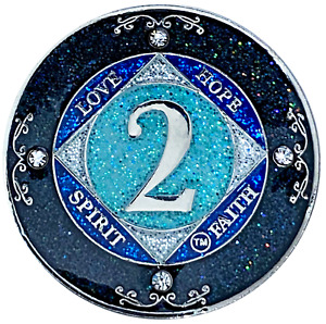NA 2 Year Glitter & Crystals Medallion, Narcotics Anonymous Blue Glitter Coin