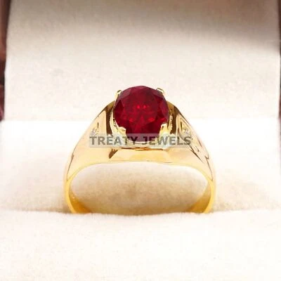 Ruby Oval Cut With 925 Sterling Silver Gold Plated Ring For Men's #B541 - Image 1 of 4