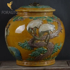 6.6" China Porcelain Handwork Rilievo Red Crowned Crane Pine Tree Tea Leaves Pot - Picture 1 of 8