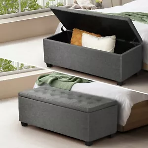 Oikiture Storage Ottoman Blanket Box Faux Linen Chest Toy Foot Stool LARGE Grey - Picture 1 of 10