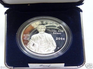 2004-P "PROOF" Thomas Alva Edison Commemorative 90% Silver Dollar Coin - Picture 1 of 12