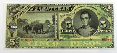 Mexico, 1891 - 1914 El Banco de Zacatecas 5 Pesos Remainder, S#475 - CU !! - Image 1 of 2