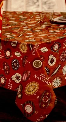 Feliz Navidad Red Vinyl Christmas  Holiday Tablecloth 52x 70 Oblong - Image 1 of 4