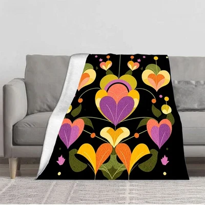 Vibrant Floral Pattern Flannel Blanket - Heart - Shaped Flowers on Black Soft &  - Image 1 of 4