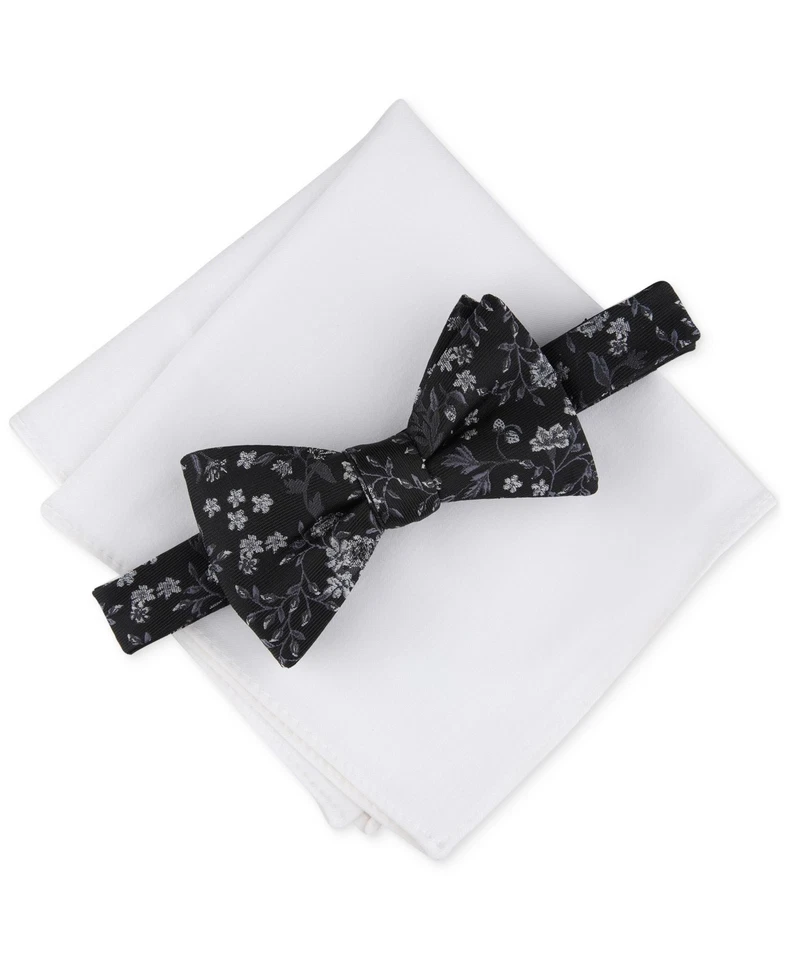 Bar Iii Mens Bow Tie Pocket Square One Size Black Floral - Image 1 of 1