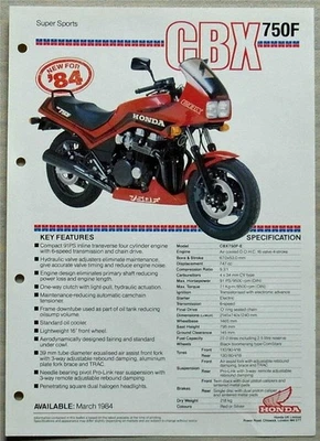 HONDA CBX750F MOTORCYCLE Sales Specification Leaflet March 1984 - Image 1 of 2
