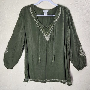 Catherines 1X Shirt Top Green V Neck Embellished Lightweight Tunic Fall - Picture 1 of 7