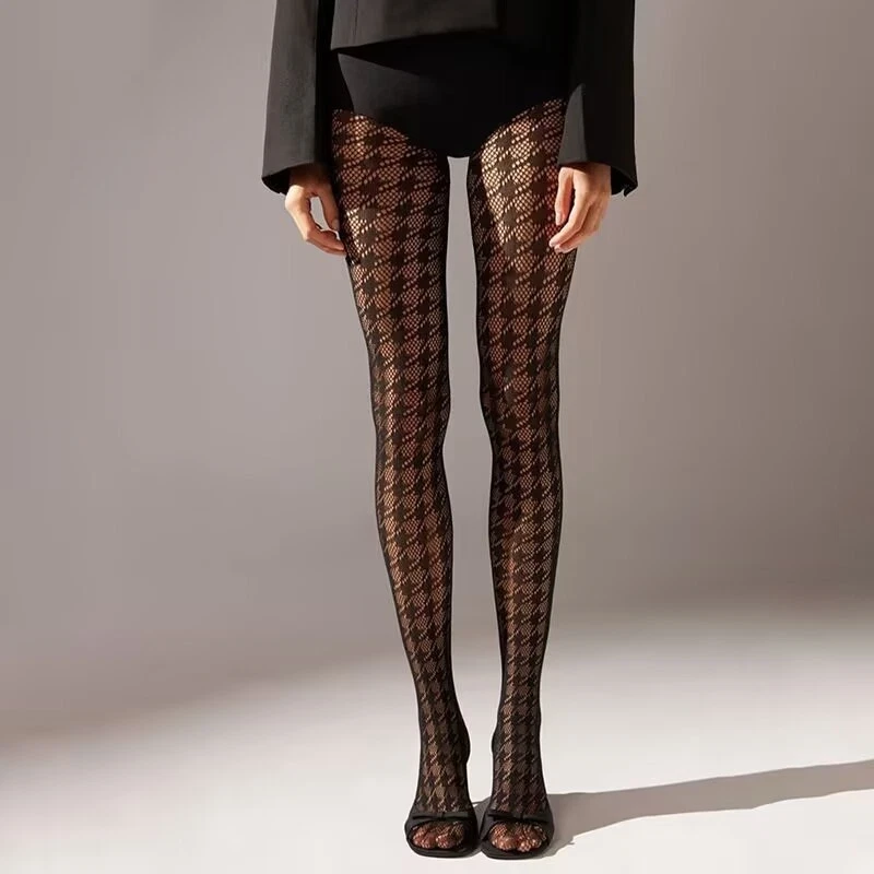 MEIAS-CALÇAS FEMININAS HOUNDSTOOTH PADRÃO MALHA REDE MEIA-CALÇA PRETA VERMELHA - Imagem 1 de 1