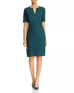 Hugo Boss Women's size 4 Short Sleeve Dalesana Sheath Dress dark green slit neck - Picture 1 of 15