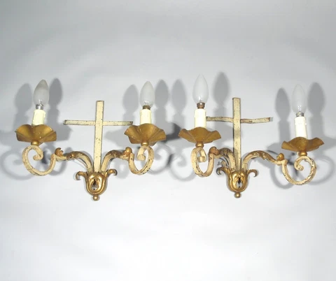 Pair of Vintage French Wrought Iron Gilded Tole Sconces, Acanthus Morning Glory Cover