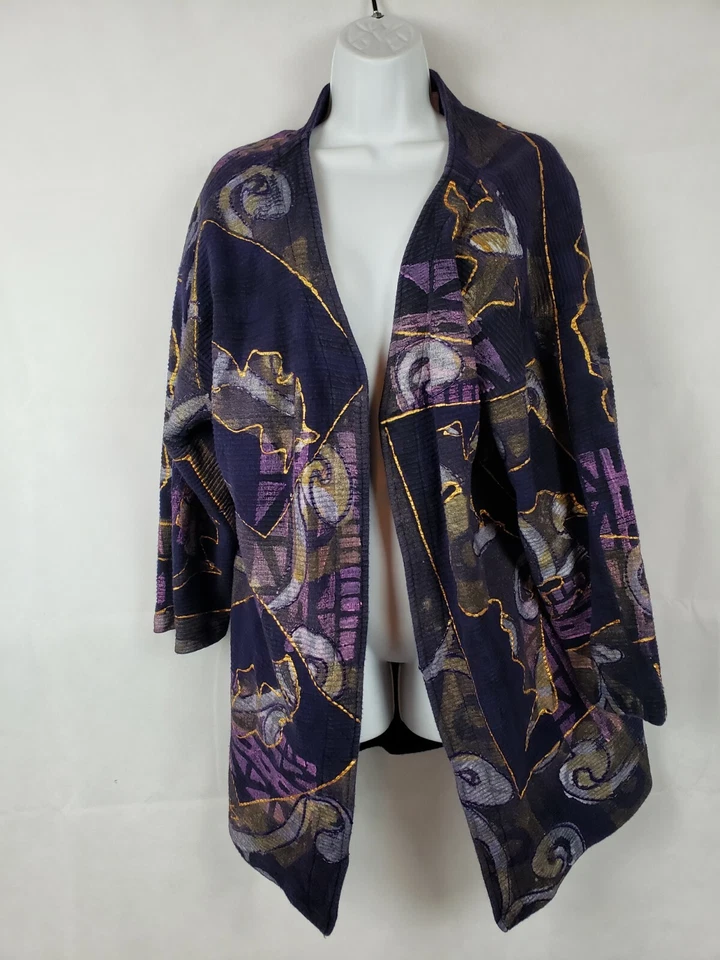 Jaqueta de algodão assinada VC Torias vintage O/S roxa com nervuras arte para usar pintada à mão - Imagem 1 de 4