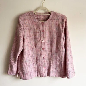 Vintage 90s Preppy Tweed Pink Button-Up Jacket, Woman's Size 16 - Picture 1 of 9