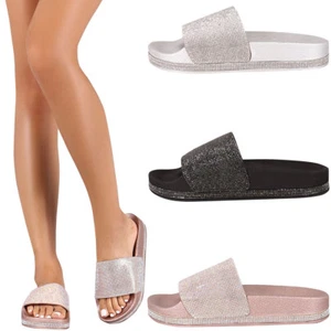 New Womens Jeweled Rhinestone Open Toe Slide Flat Sandal Shoe Flip Flops Slipper - Picture 1 of 10