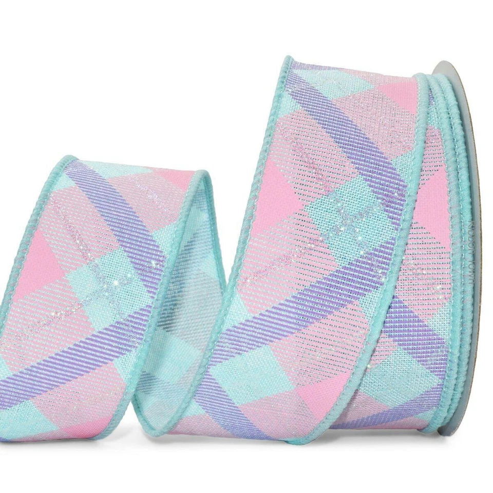10 Yard Spool Pastel Blue Pink Lavender Purple Plaid Easter Wired Ribbon 1 1/2"W - Image 1 of 1