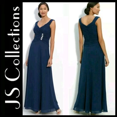 $189 JS Collections Navy Embellish Detail Chiffon Gown w Detach Shawl ~ 6  M3020 - Image 1 of 4