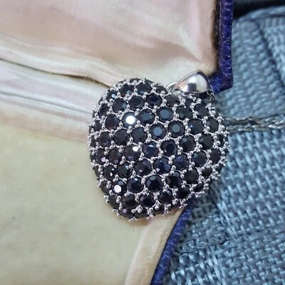 Qvc 925 Sterling Silver Necklace, Black Sapphire Heart Pendant, 18" Chain  - Image 1 of 4