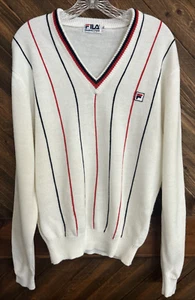 Suéter vintage de punto blanco FILA TENIS ~TALLA XL CUELLO EN V ~ RAYAS - Imagen 1 de 5