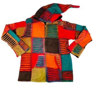 Hippie Boho Men Rib Patch Cotton Pixie Hood Multicoloured Zip Up Jacket L - Picture 1 of 10