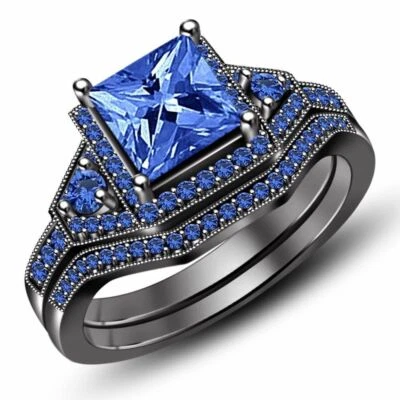 2.33 ct Blue Diamond Bridal Set Black Sterling Silver Lab Created Classic Ring - Image 1 of 4