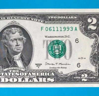 June 11, 1993 / 6 November 1993 (F 06111993 A) BIRTHDAY $2 Two Dollar Bill *UNC* - Image 1 of 4