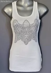 New VOCAL Womens CRYSTAL WHITE FLEUR DE LIS WINGS OLD SCHOOL TANK TOP S M L XL - Picture 1 of 4