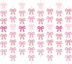 8Pcs Pink Bow Hanging Banners Bow Birthday Party Decorations Coquette Glitter Bo - Picture 1 of 7