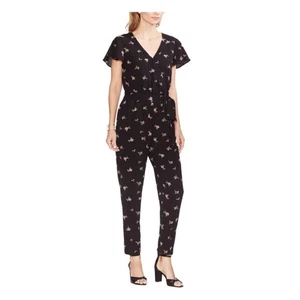 Vince Camuto Black Floral Belted Jumpsuit Size 10 Fall Layering Boho Flattering - Picture 1 of 10