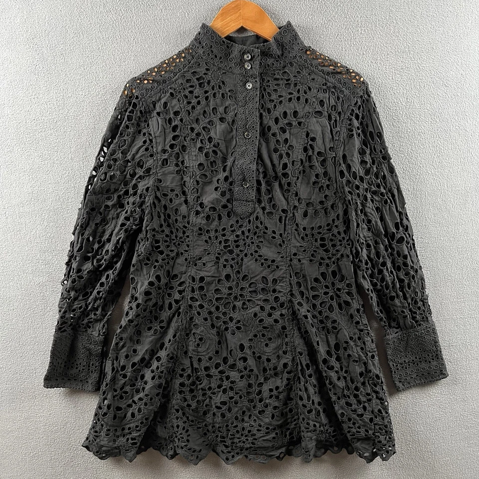 H&M Mini Dress S Black Broderie Anglaise Lace High Collar Cutwork Victorian Boho - Image 1 of 4