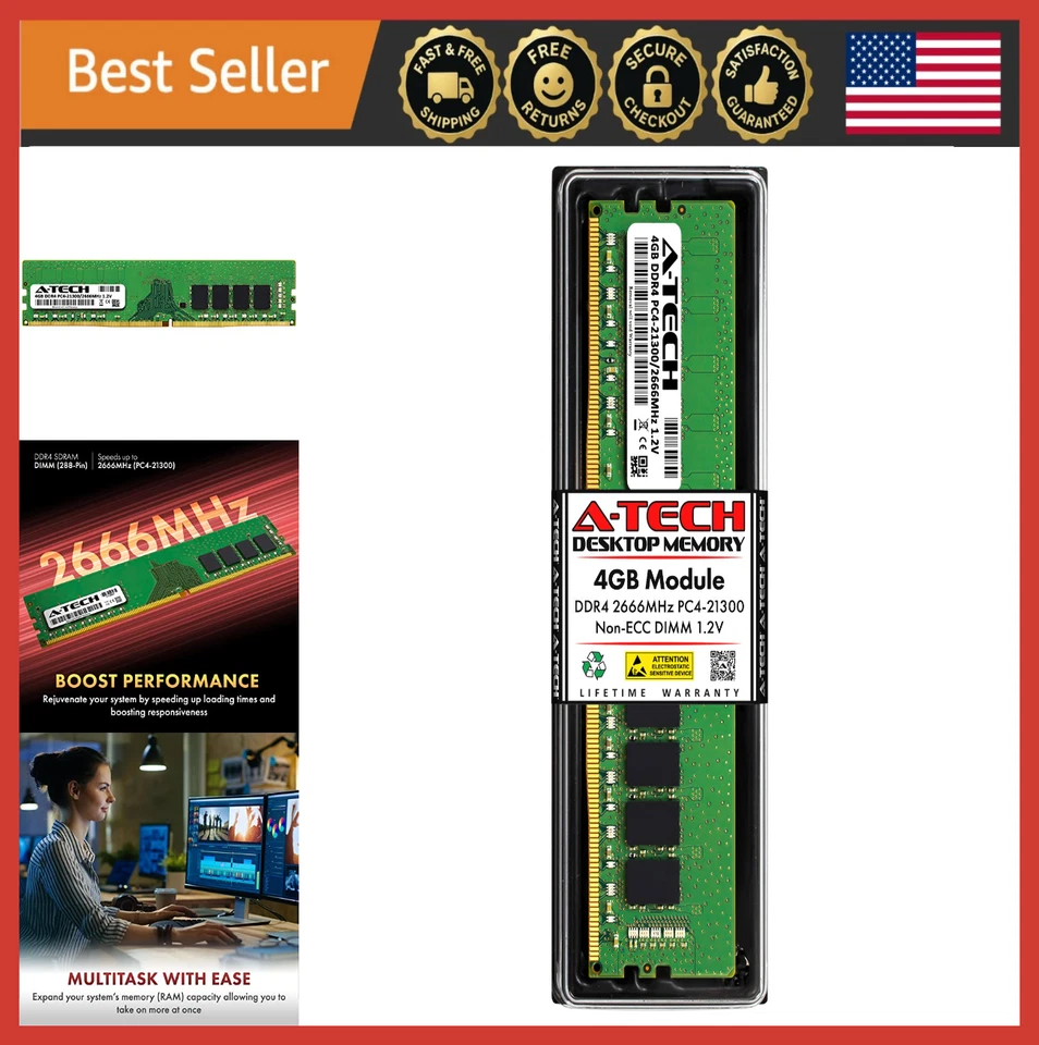 4GB DDR4 2666MHz PC4-21300 CL19 Non-ECC Desktop RAM Memory Module - Image 1 of 4