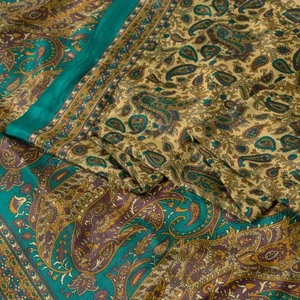 Sanskriti Vintage Indian Sarees Cream Moss Crepe Printed Sari 5+Yd Craft Fabric - Picture 1 of 12