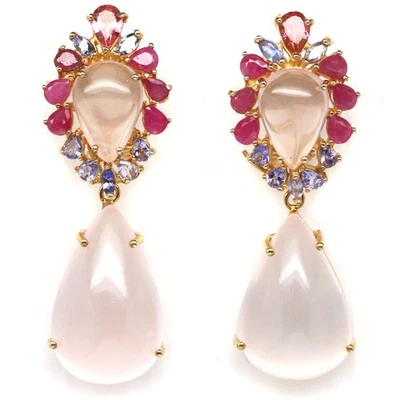 925 Silber 18 x 27 Mm. Rosa Rose Quarz, Rubin,Tansanit & Zirkonia Ohrringe - Bild 1 von 4