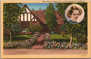 1940 NORTH HOLLYWOOD Kalifornien Sterne Häuser LEINEN Postkarte "Heimat von BETTE DAVIS" - Bild 1 von 2