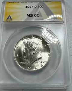 1964-D Kennedy US Silver Half Dollar, MS65 by ANACS, a SUPERB looking coin! - Picture 1 of 6