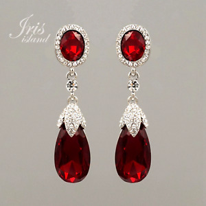 Women Rhodium Plated Red Crystal Rhinestone Wedding Drop Dangle Earrings 01309