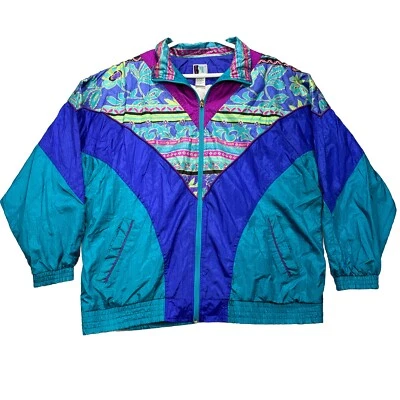 VTG Bolo Spirit Windbreaker Jacket Womens L Retro Colorful Full Zip Floral 80’s - Image 1 of 4