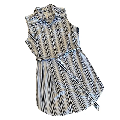 Chicos Dress Tunic Womens Size 1 White Navy stripe Sleeveless Button Up Belted - Image 1 of 4