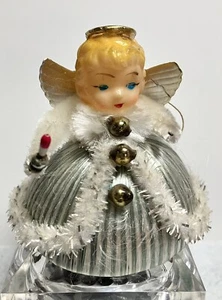 Vintage JAPAN BLAU & WEISS GESPONNENE SEIDE CHENILLE "KUNSTSTOFF KOPF ENGEL" ORNAMENT (3") - Bild 1 von 7