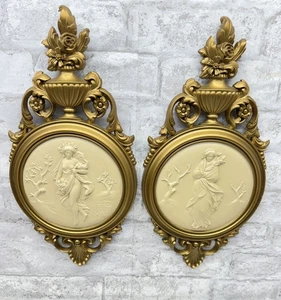 Vintage Syroco Wandtafeln Göttinnen Jahreszeiten Frühling Winter Regentschaft 14" x 7" Gold - Bild 1 von 7