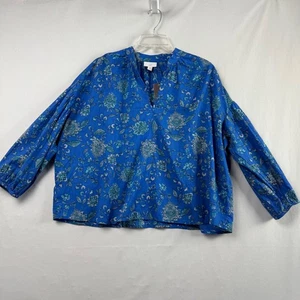 Blusa corta de algodón Jill talla pequeña azul floral manga larga con cuello en V - Imagen 1 de 10