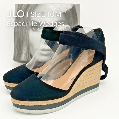 JLO Espadrille Wedge Sandals 10M Black Wrap Ankle Tie Platform Heels Shoes — 第 1/4 张图片