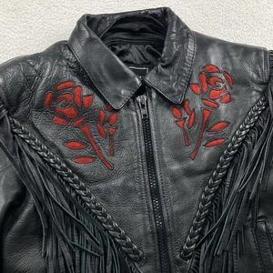 Vintage Leather Jacket Women XS Black Red Rose Floral Fringe Moto Biker Full Zip - Picture 1 of 10